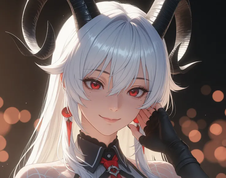 Extreme close‑up portrait of Zani from Wuthering Waves — young woman with slightly messy, layered snow‑white hair that frames her face and falls in soft, wispy strands; two smooth, black, back‑curving horns emerge from her crown, catching subtle rim‑light....