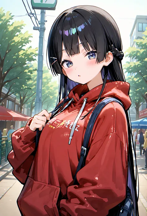 748cmstyle。Tsukino Mito (Nijisanji)、red everyday clothes。jacket。rough fashion。Around town。sideways。