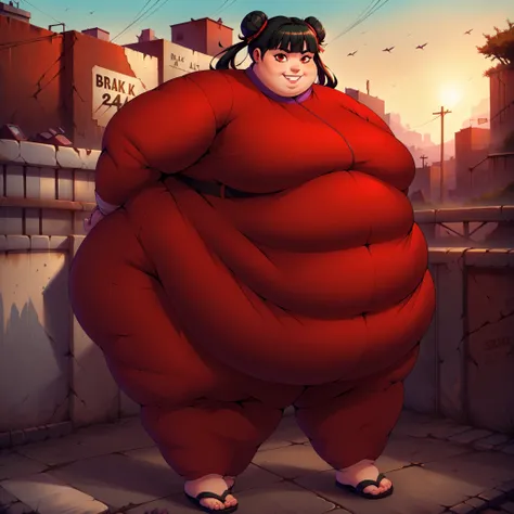 score_9, score_8_up, score_7_up, score_6_up, score_5_up, score_4_up, BREAK, source_anime,
1girl, black hair, blunt bangs, double bun, long hair, red eyes, twin tails, breasts
athleisure, sandals, SSBBW, fat, 500 lbs.,
hands behind back, smile, full body, l...