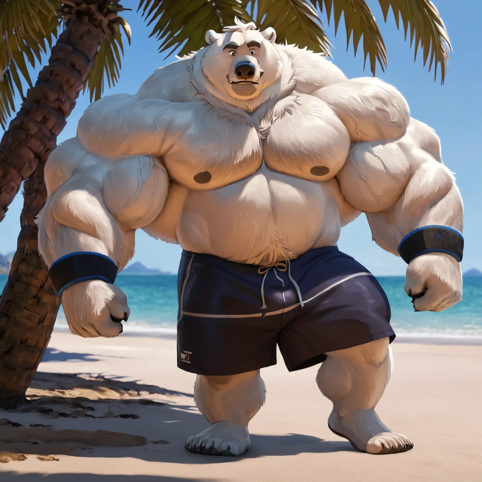 huge muscular polar bear in beach, big hulking flex, grunting smirk, polar bear, huge white fur, thick arm, huge arm, added thick gray moustache and beard, short white hair, (veiny muscular, broad pectoral, wide pectoral, thick arms), beach, palm, Disney,...
