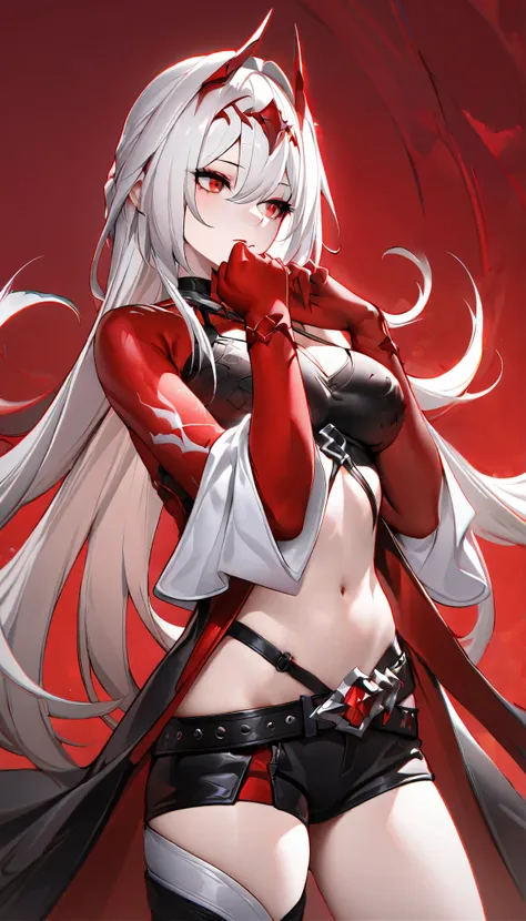 masterpiece, best quality, best light, best shadow, highly detailed,ultra detailed,YINYUE, female, solo, yinyue horns, clothes, 2d, face, sleeves, looking to the side, belt, from front position, hands up, red clothes, white hair, red eyes, red background, ...
