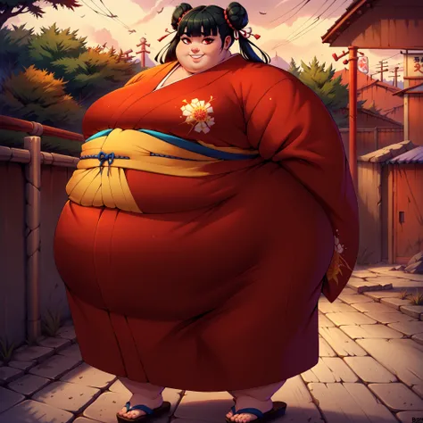 score_9, score_8_up, score_7_up, score_6_up, score_5_up, score_4_up, BREAK, source_anime,
1girl, black hair, blunt bangs, double bun, long hair, red eyes, twin tails, breasts
kimono, sandals, SSBBW, fat, 500 lbs.,
hands behind back, smile, full body, looki...