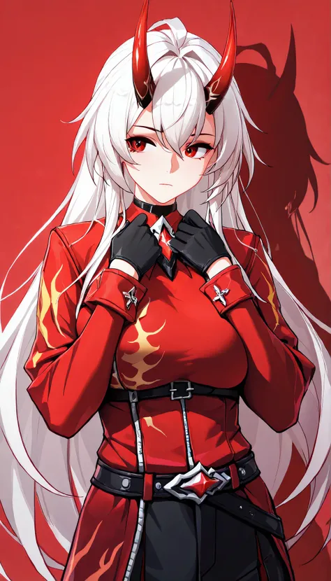masterpiece, best quality, best light, best shadow, highly detailed,ultra detailed,YINYUE, female, solo, yinyue horns, clothes, 2d, face, sleeves, looking to the side, belt, from front position, hands up, red clothes, white hair, red eyes, red background, ...