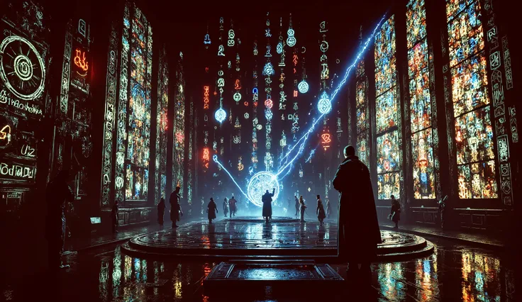 Ancient-tech wizard channeling power from a levitating digital tablet, surrounded by orbiting runes and enchanted circuits, glowing binary streams and magical glyphs filling the air, lightning flaring outside vibrant stained glass, cyber-fantasy concept pa...