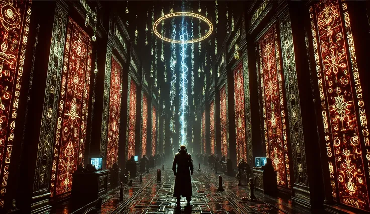 Ancient-tech wizard channeling power from a levitating digital tablet, surrounded by orbiting runes and enchanted circuits, glowing binary streams and magical glyphs filling the air, lightning flaring outside vibrant stained glass, cyber-fantasy concept pa...