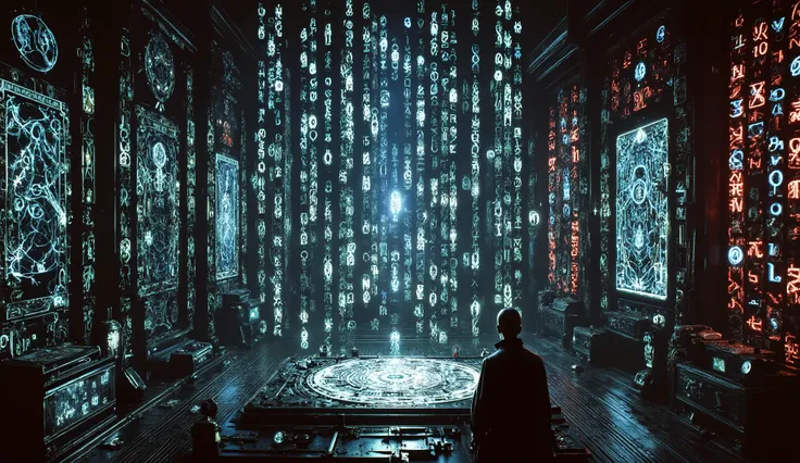 Powerful sorceress inside a high-tech arcane chamber, casting an ancient spell through a luminous futuristic tablet, surrounded by floating binary code and glowing runes, stained glass windows crackling with lightning, detailed digital painting, ambient cy...