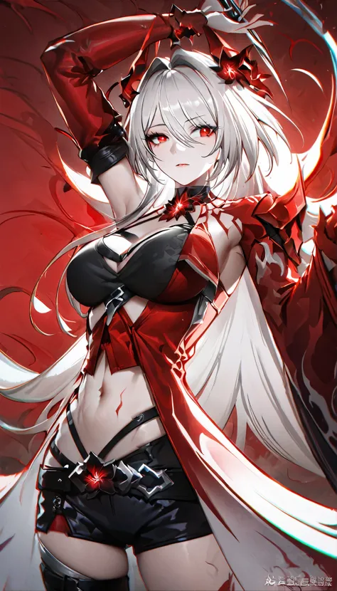 masterpiece, best quality, best light, best shadow, highly detailed,ultra detailed,YINYUE, female, solo, yinyue horns, clothes, 2d, face, sleeves, looking to the side, belt, from front position, hands up, red clothes, white hair, red eyes, red background, ...