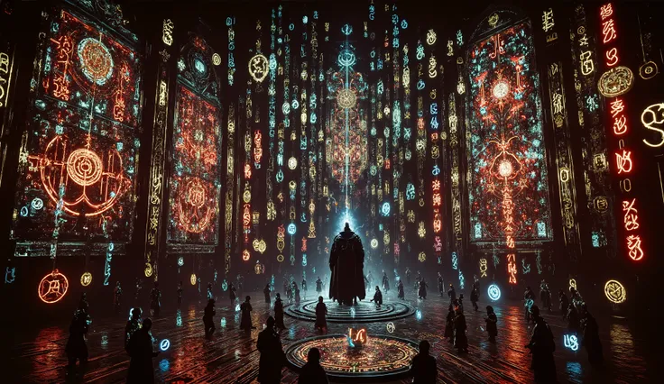 Ancient-tech wizard channeling power from a levitating digital tablet, surrounded by orbiting runes and enchanted circuits, glowing binary streams and magical glyphs filling the air, lightning flaring outside vibrant stained glass, cyber-fantasy concept pa...