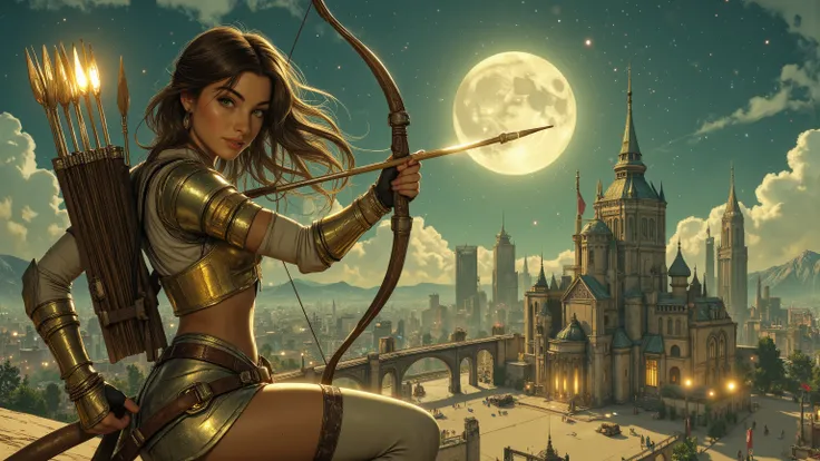 (Masterpiece, award winning, UHD, 16K, HDR, DSLR, photorealistic, very detailed), (Theme of knights of the zodiac, charismatic, there is a girl at the top of the city, wearing a golden gold armor Sagittarius knight, she is a superhero), full body, green ey...