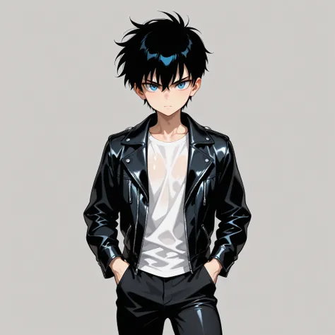masterpiece, best quality, amazing quality, very aesthetic, absurdres, high res, shiny skin, diives, 1man, short messy black hair, blue eyes, muscular body, slim, black leather jacket, white t-shirt, black pants, serious, hands on pockets, standing, lookin...
