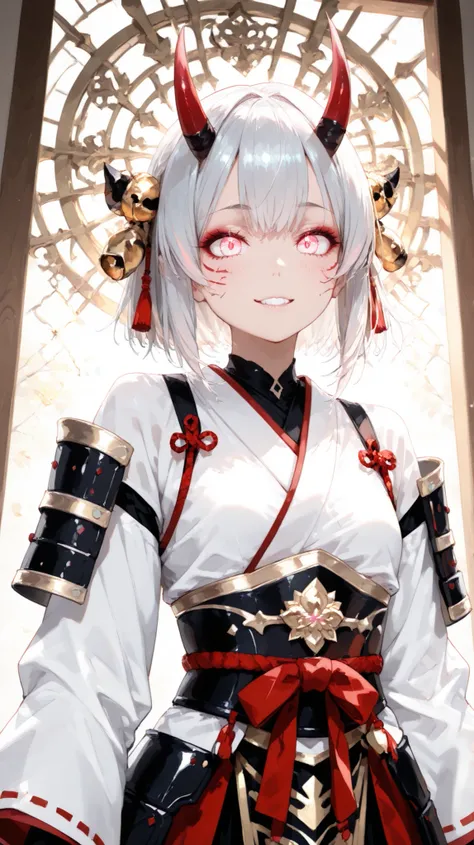 an petite young female between the 8-20, they have an detailed but cute face, she has Japanese inspired make up on her face as well, small oni like horns on her head, They have short silver hair adorned with red horn-like accessories, they have bright wide...