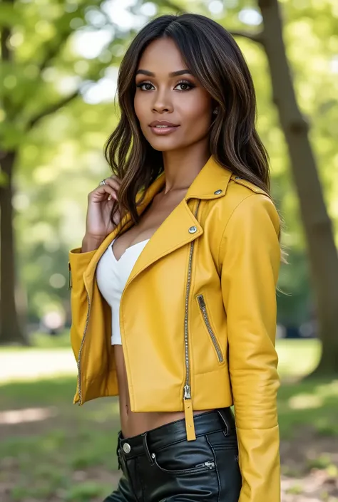 Foto hiperrealista en primer plano de arafed woman, masterpiece, best quality, (photorealistic:1.4), (leather yellow cropped biker JACKET over white tank top:1.1), (leather jeans:1.2) heels, in the New York Central Park, sunny day, cinematic light, beautif...