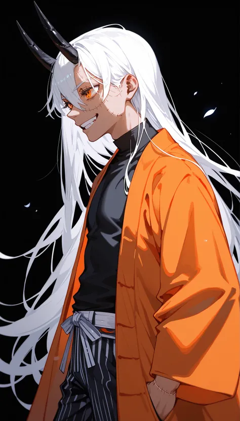 Male, black horn,white hair, Ghoul eyes, orange eyes ,long hair,orange kimono broken,slim,tanned,side view,black background,Grit your teeth,smile,Stitches,Long Eyelashes,HAKAMA PANTS,rotten flowers,Skinny,Long Robe,,0,handsome,smileกว้าง,in the naked eye,b...