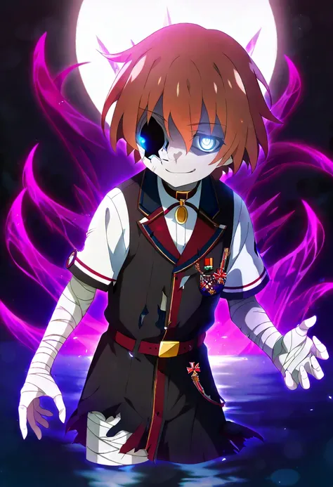 score_9, score_8_up, score_7_up, source_anime, anime_screencap, masterpiece, best_quality, uncensored, higurashimei, cowboy shot, upper body, (tween:1.2), ((kawaii)), 1boy, aqua sclera, aristocratic clothes, bandaged arm, bandaged leg, bandages, belt, belt...