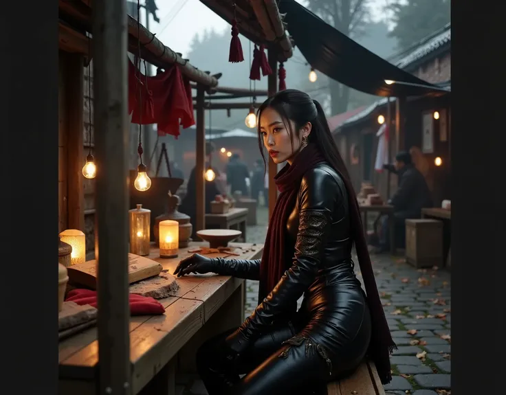 Korean woman Sitting at an outdoor market, the individual wears an intricately detailed dark leather outfit, adorned with a rich, textured scarf. Gloves complement the look, as they lean over a rustic wooden table, surrounded by warm glowing lanterns. The ...