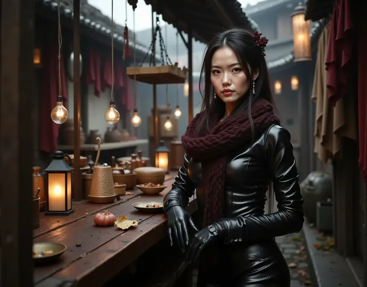 Korean woman Sitting at an outdoor market, the individual wears an intricately detailed dark leather outfit, adorned with a rich, textured scarf. Gloves complement the look, as they lean over a rustic wooden table, surrounded by warm glowing lanterns. The ...