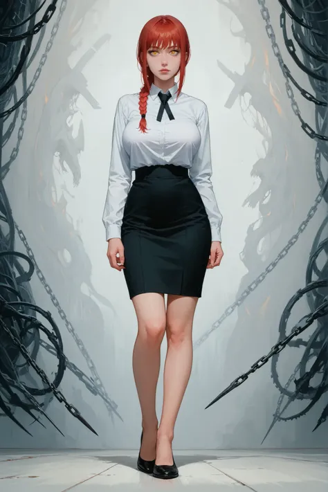 score_9 , score_8_up , score_7_up , score_6_up , 1girl . greyscale , adult woman , large breast , thicc thighs , long legs , Makima , chainsaw man , red hair with single braid , yellow eyess , manga style , anime aesthetic , expressive faces , bold outline...