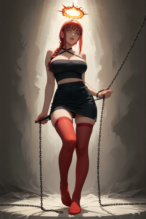 score_9 , score_8_up , score_7_up , score_6_up , 1girl . greyscale , adult woman , large breast , thicc thighs , long legs , red thighhighs, Makima , chainsaw man , red hair with single braid , pubic hair, yellow eyess , manga style , anime aesthetic , exp...