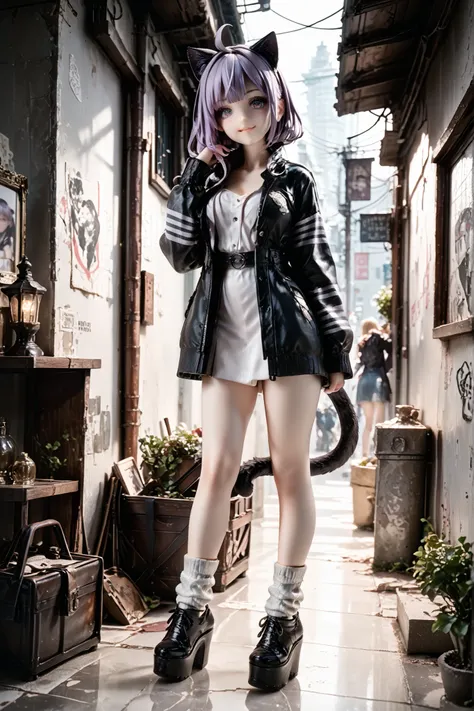 Dynamic Angle, 1 girl, (((full body:1.3)))，animal ear, unicorn horns，solo, striped sleeve , purple hair gradation, Cat ears, tooth, platform shoes, loose socks, black footwear, Arm Warmers, beautiful eyes on my stomach，Detailed and perfect eyes， Dark Eyes,...