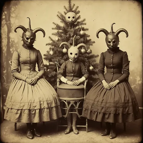 Daguerreotype photograph, tintype, 1885
Wired weirdcore, strange station, creepy creepstyle. Portrait of ung women wearing dresses and extremely creepy looking Halloween masks. There is a Christmas with decorations on it behind them. The photo is very old ...