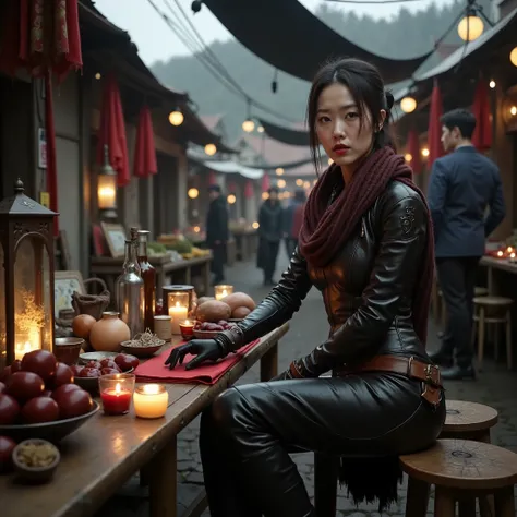 Korean woman Sitting at a post-apocalyptic outdoor market, the individual wears an intricately detailed dark leather outfit, adorned with a rich, textured scarf. Gloves complement the look, as they lean over a rustic wooden table, surrounded by warm glowin...