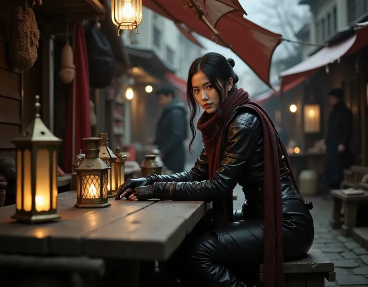 Korean woman Sitting at an outdoor market, the individual wears an intricately detailed dark leather outfit, adorned with a rich, textured scarf. Gloves complement the look, as they lean over a rustic wooden table, surrounded by warm glowing lanterns. The ...
