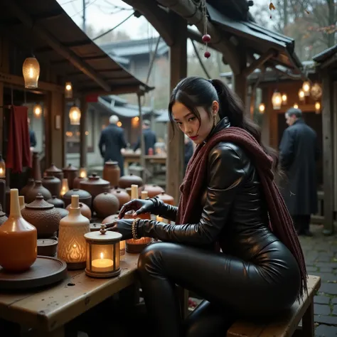 Korean woman Sitting at an outdoor market, the individual wears an intricately detailed dark leather outfit, adorned with a rich, textured scarf. Gloves complement the look, as they lean over a rustic wooden table, surrounded by warm glowing lanterns. The ...