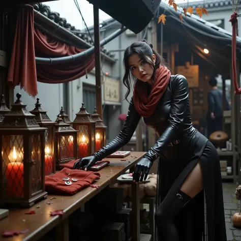 Korean woman Sitting at an outdoor market, the individual wears an intricately detailed dark leather outfit, adorned with a rich, textured scarf. Gloves complement the look, as they lean over a rustic wooden table, surrounded by warm glowing lanterns. The ...
