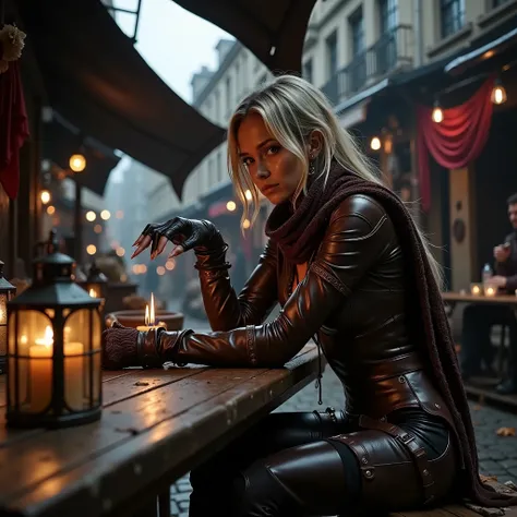 blonde woman Sitting at a post-apocalyptic outdoor market, the individual wears an intricately detailed brown leather outfit, adorned with a rich, textured scarf. Gloves complement the look, as they lean over a rustic wooden table, surrounded by warm glowi...