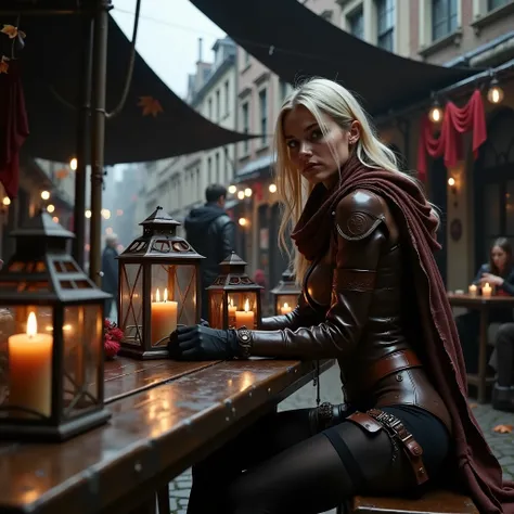 blonde woman Sitting at a post-apocalyptic outdoor market, the individual wears an intricately detailed brown leather outfit, adorned with a rich, textured scarf. Gloves complement the look, as they lean over a rustic wooden table, surrounded by warm glowi...