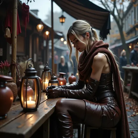 blonde woman Sitting at a post-apocalyptic outdoor market, the individual wears an intricately detailed brown leather outfit, adorned with a rich, textured scarf. Gloves complement the look, as they lean over a rustic wooden table, surrounded by warm glowi...