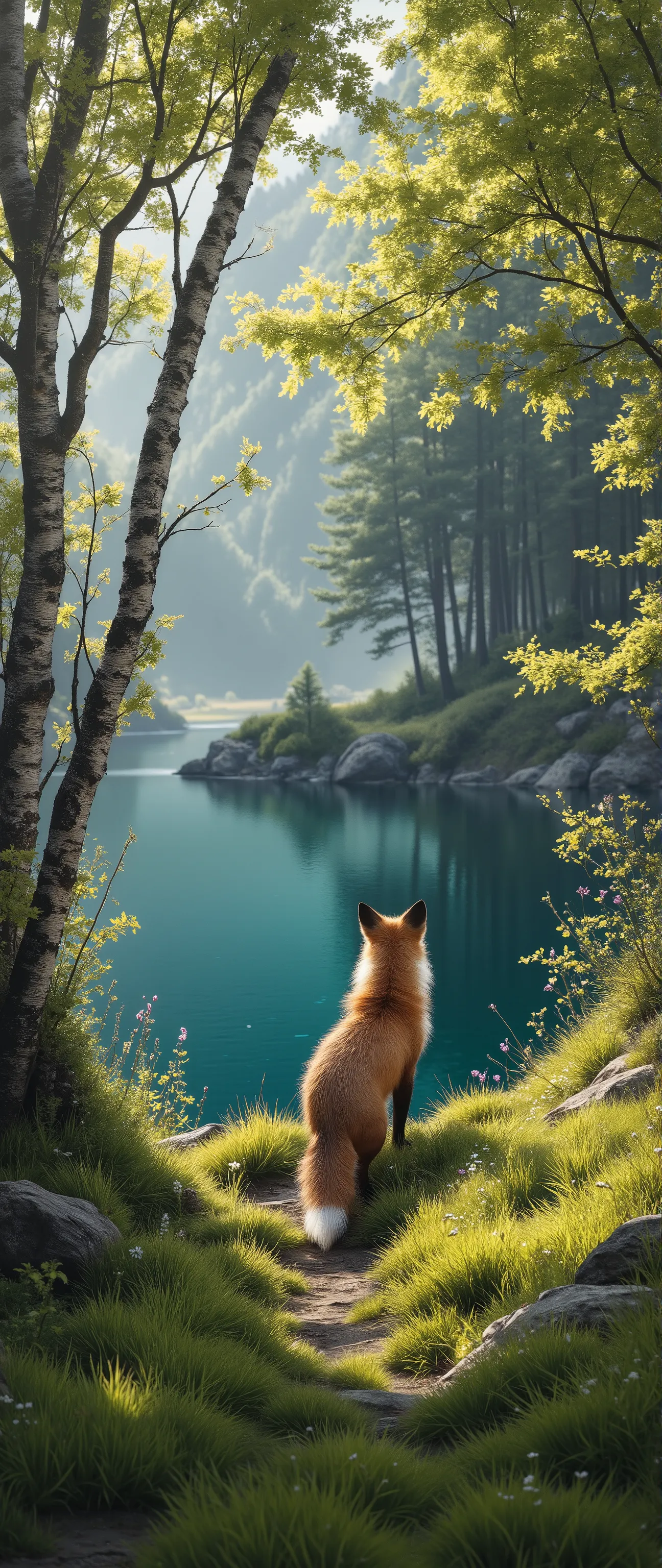 a fox stands by a clear lake, Birch trees show their fresh green foliage, the sun conjures up a pattern of light and shadow on the fresh green grass and the first wildflower blossoms, A slight wind blows , a feeling of peace and hope