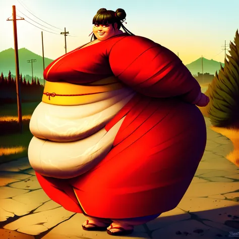 score_9, score_8_up, score_7_up, score_6_up, score_5_up, score_4_up, BREAK, source_anime,
1girl, black hair, blunt bangs, double bun, long hair, red eyes, twin tails, breasts
kimono, sandals, SSBBW, fat, 500 lbs.,
hands behind back, smile, full body, looki...