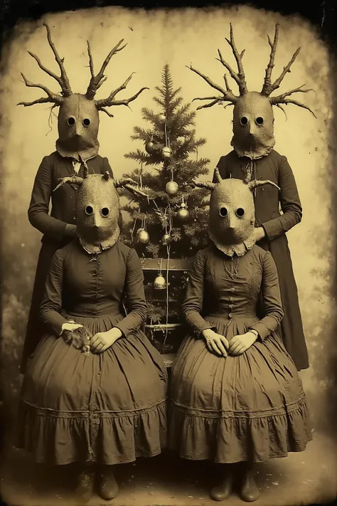 Daguerreotype photograph, tintype, 1885
Wired weirdcore, strange station, creepy creepstyle. Portrait of two women sitting down and looking nervous. There are tree men standing behind them wearing masks that look like burlap bags with holes cut out of them...