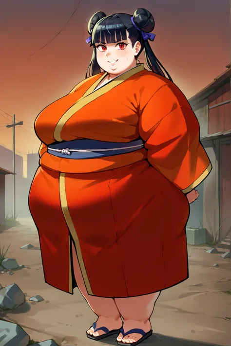score_9, score_8_up, score_7_up, score_6_up, score_5_up, score_4_up, BREAK, source_anime,
1girl, black hair, blunt bangs, double bun, long hair, red eyes, twin tails, breasts
kimono, sandals, SSBBW, fat, 500 lbs.,
hands behind back, smile, full body, looki...