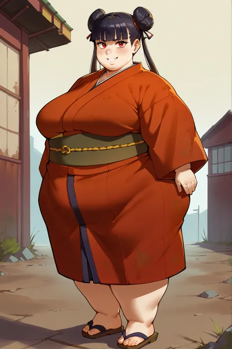 score_9, score_8_up, score_7_up, score_6_up, score_5_up, score_4_up, BREAK, source_anime,
1girl, black hair, blunt bangs, double bun, long hair, red eyes, twin tails, breasts
kimono, sandals, SSBBW, fat, 500 lbs.,
hands behind back, smile, full body, looki...