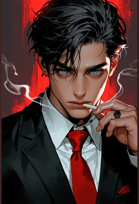 8k, beautiful masterpiece, 1 man, 32 years old male, mature, handsome, 187cm, Italian, cold expression, alone, muscular, pectoral muscles, black suit with a red shirt and matching pocket square, black tie added, jet black hair, Short hair, his hairstyle is...
