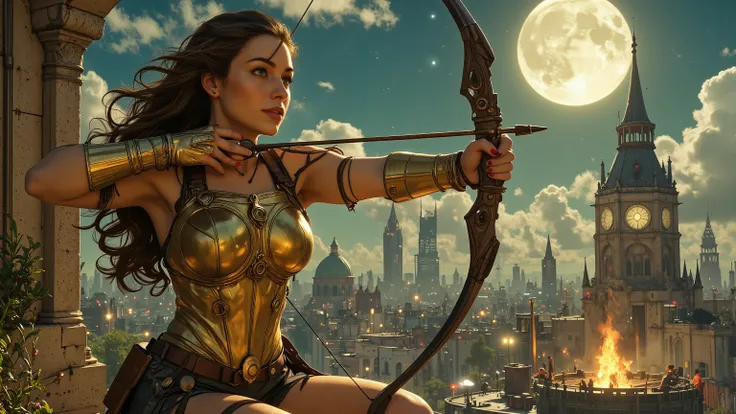 (Masterpiece, award winning, UHD, 16K, HDR, DSLR, photorealistic, very detailed), (Theme of knights of the zodiac, charismatic, there is a girl at the top of the city, wearing a golden gold armor Sagittarius knight, she is a superhero), full body, green ey...