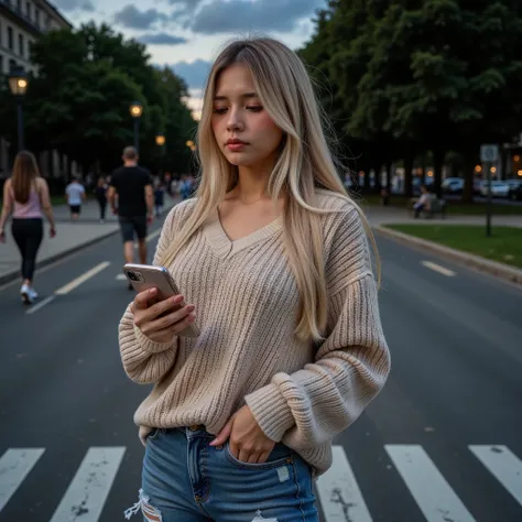 
beautiful blonde woman standing at a crossroads, looking wistful and heartbroken. She’s holding her phone in one hand, looking down at it as if she’s just read a message or a text from a friend, but she’s unsure of what to do next. Her expression is one o...
