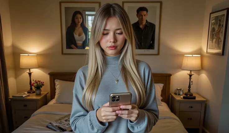 
beautiful blonde woman standing in a cozy, softly lit room, looking down at her phone with a concerned and confused expression on her face, as if reflecting on a recent conversation. Her body language is slightly tense, as if she's trying to make sense of...