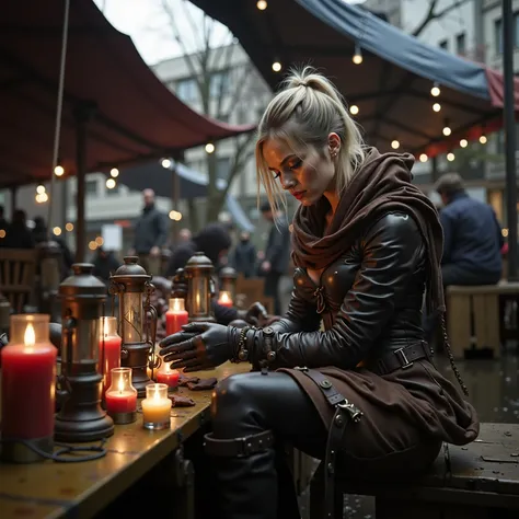 Dirty Korean woman Sitting at a dirty post-apocalyptic outdoor market, the individual wears an intricately detailed dark brown leather outfit, adorned with a rich, textured scarf. Gloves complement the look, as they lean over a rustic wooden table, surroun...