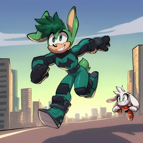 izuku_midoriya, green hair, green eyes, short hair, Deku the Rabbit, (Mobian Rabbit), 1girl, green fur, superhero, hero suit, Rabbit, bigdad/character, (Mobian),male, smile, solo, running, city, sky’s, outdoors, Sonic OC