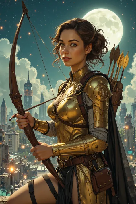(Masterpiece, award winning, UHD, 16K, HDR, DSLR, photorealistic, very detailed), (Theme of knights of the zodiac, charismatic, there is a girl at the top of the city, wearing a golden gold armor Sagittarius knight, she is a superhero), full body, green ey...
