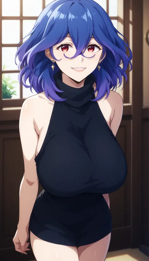 score_9, score_8_up, score_7_up, score_6_up, score_5_up, score_4_up
vermeil, vermeil, red eyes, hair between eyes, blue hair, purple hair, multicolored hair, medium hair,
sweater, bare shoulders, sleeveless, turtleneck, black sweater, thighs,
indoors , smi...