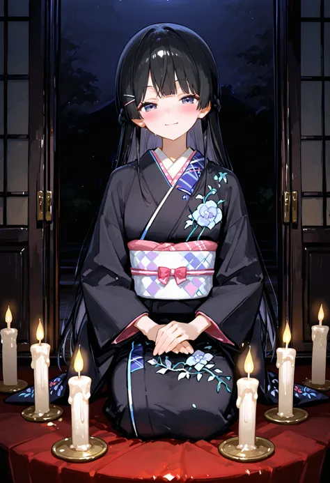 748cmstyle。Tsukino Mito (Nijisanji)、black kimono。 Inside the dark shrine。candles。 horror。Ghost Stories。dark night with mold