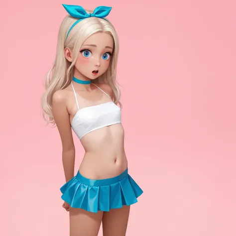 Beautiful  Danish girl, shy and sweet  , baby face, blushed, big blue eyes, long blonde hair, blue ribbon in her hair, surprised, small tight pink white tan swimsuit, small yellow tube,  blue choker ribbon ,  nice legs, thin, Nice belly button, pink backgr...