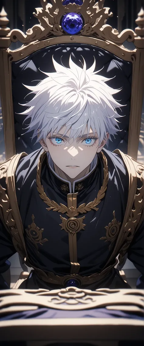 8k,masterpiece,highest quality,Man,frontal,Close-up,Gojo Satoru,alone,white hair,blue eyes,ego,Sitting in a high royal chair