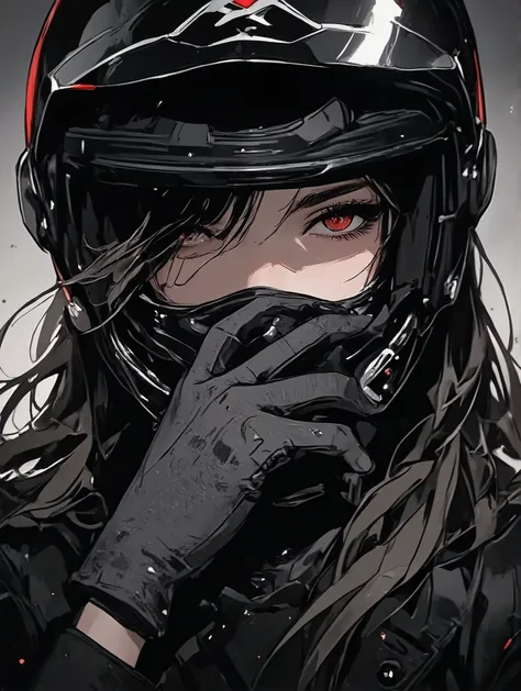 Image is a digital illustration featuring a close-up of a person wearing a sleek, black motorcycle helmet with a glossy finish. The helmet has a distinctive red and white logo on the forehead area. The visor is slightly open, revealing intense eyes with a ...