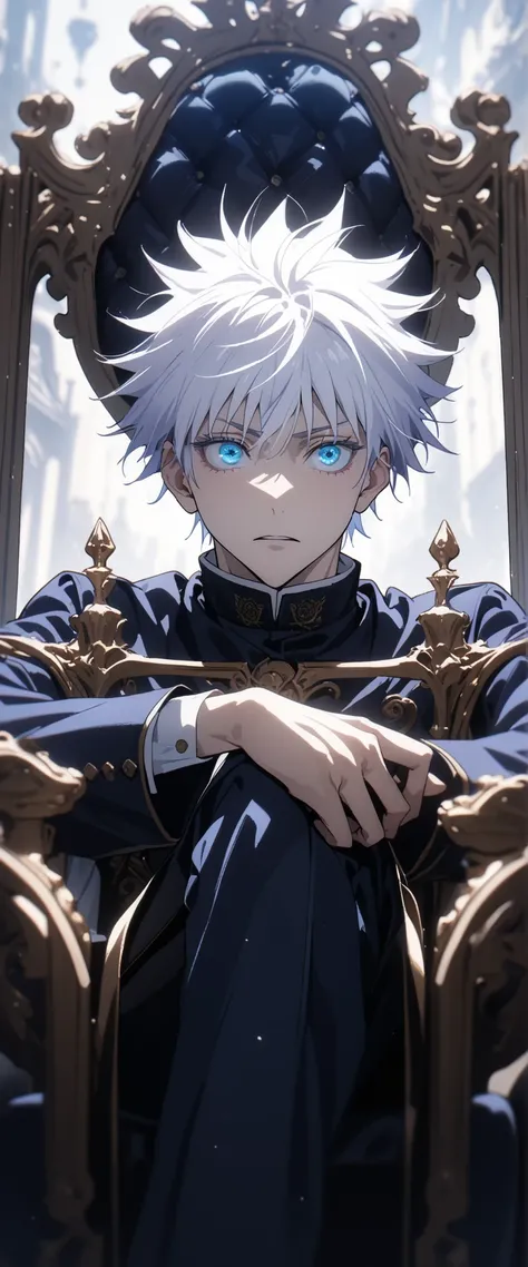 8k,masterpiece,highest quality,Man,frontal,Close-up,Gojo Satoru,alone,white hair,blue eyes,ego,Sitting in a high royal chair
