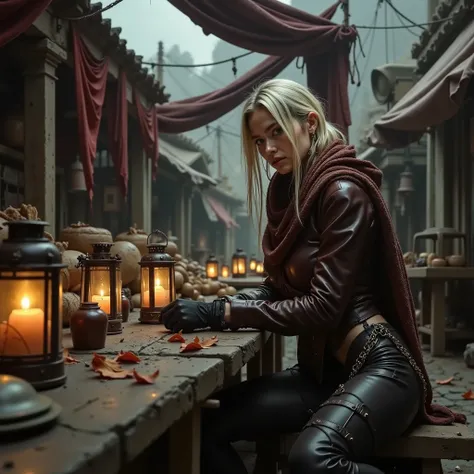 dirty blonde korean woman sitting at dirty post-apocalyptic outdoor market, detailed facial features, pensive expression, tattered clothing, dusty surroundings, crumbling buildings, rusty vendor stalls, cluttered goods, harsh sunlight, muted color palette,...